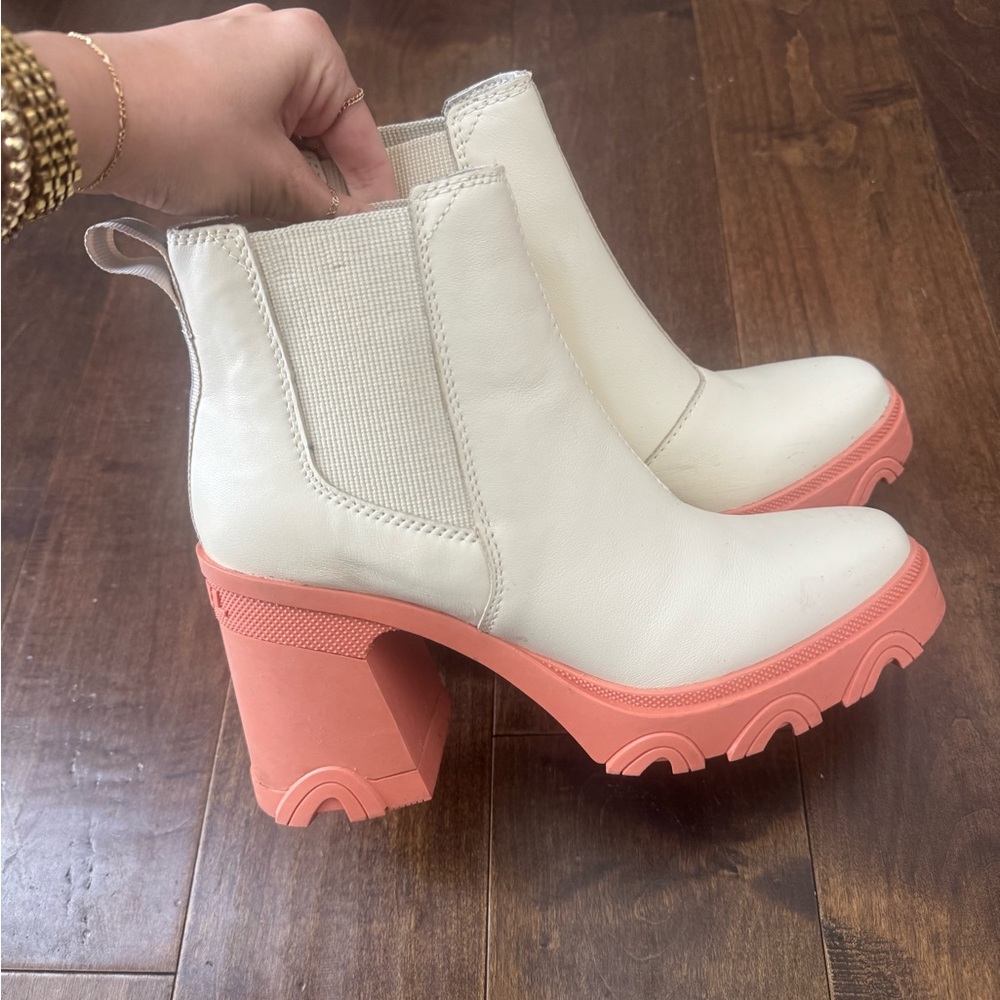 Women's Cream and Pink Chunky Heel Ankle Boots